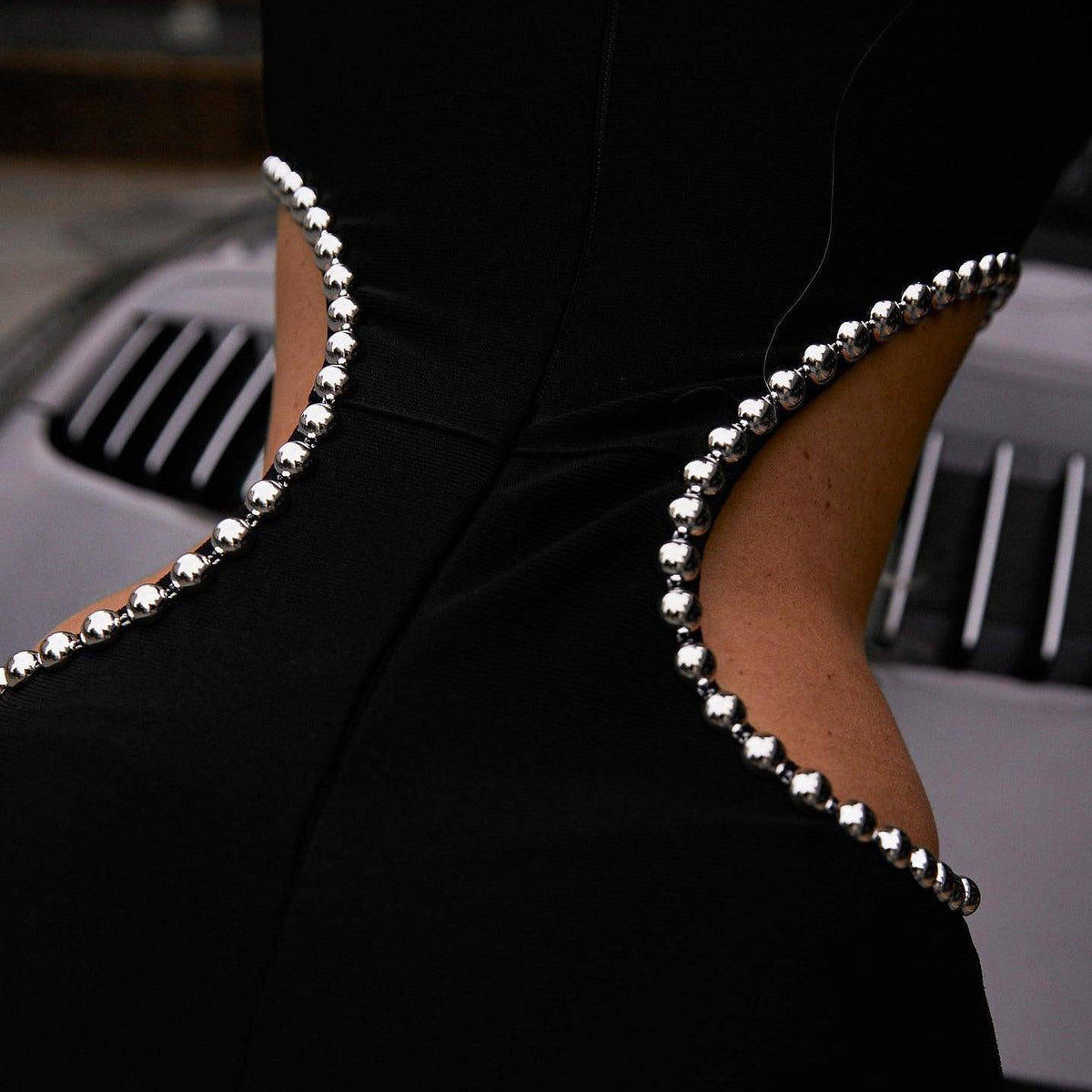 Black Round Neck Beaded Trim Long Sleeve Cutout Bodycon Maxi Dress