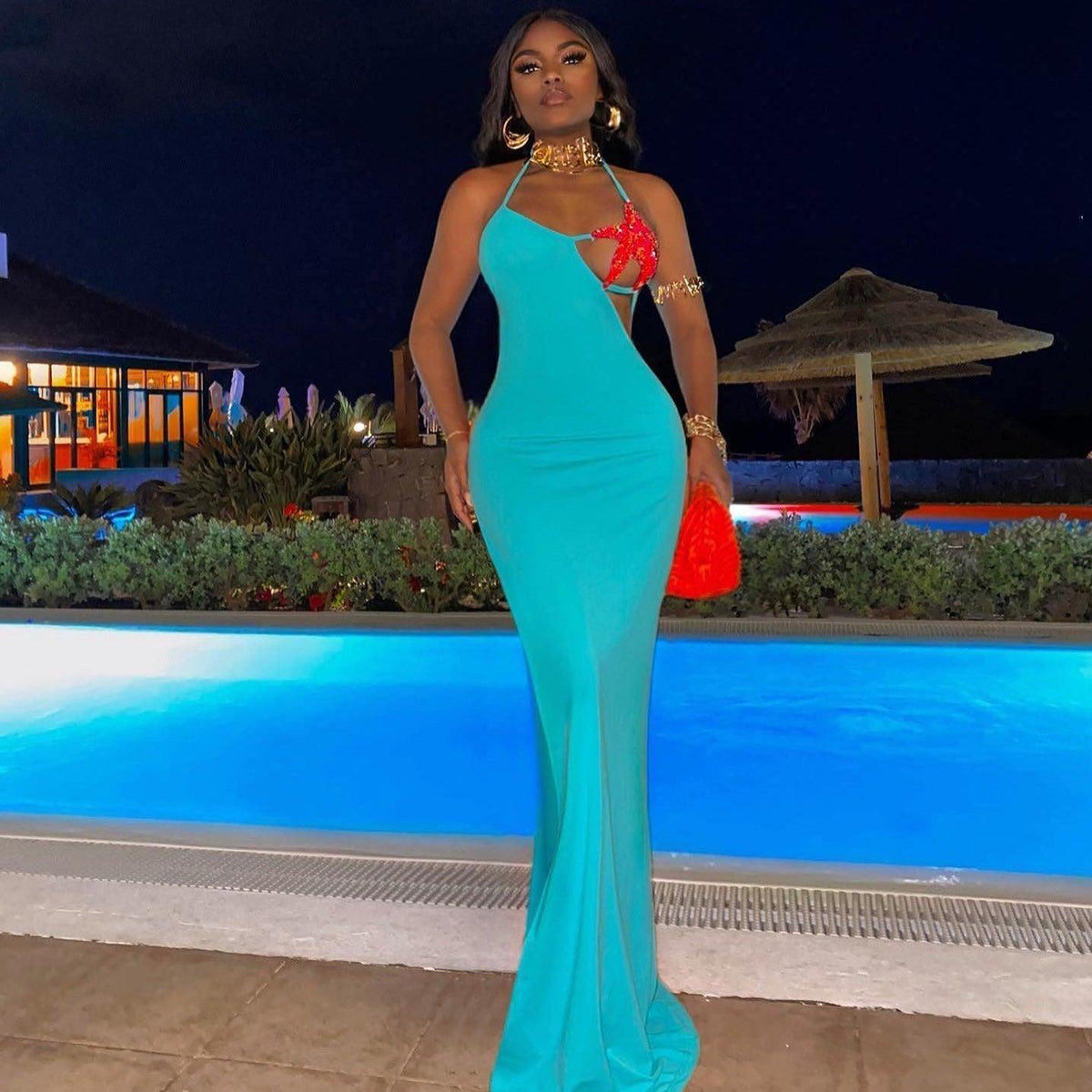 Sky Blue Halter Starfish Embellished Bustier Cutout High Slit Maxi Dress 8