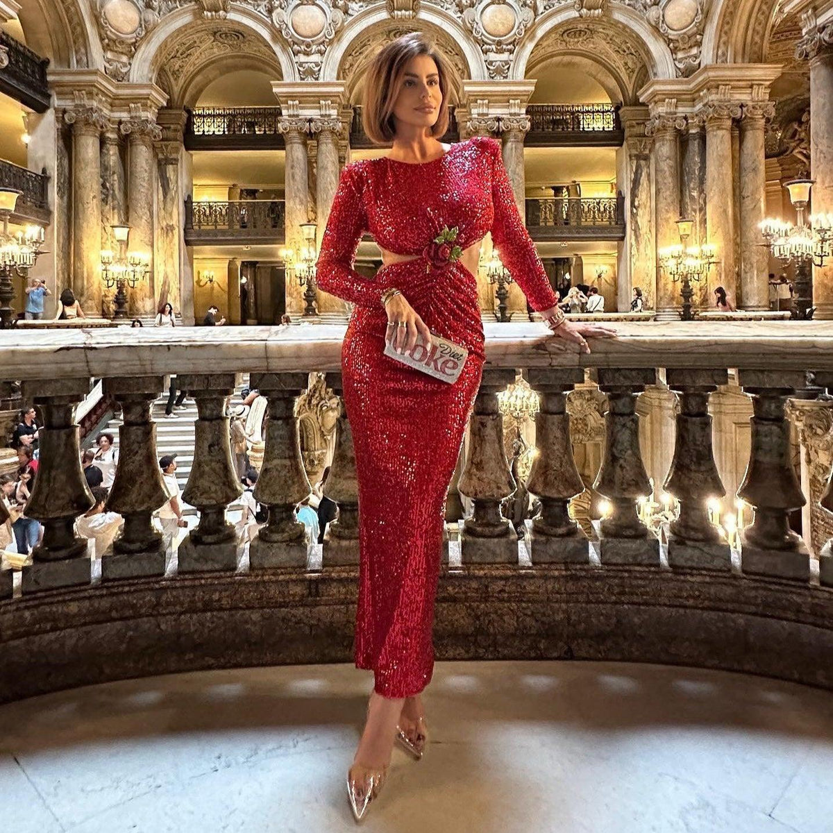 Round Neck Long Sleeve Sequin Cutout Rose Applique Maxi Dress