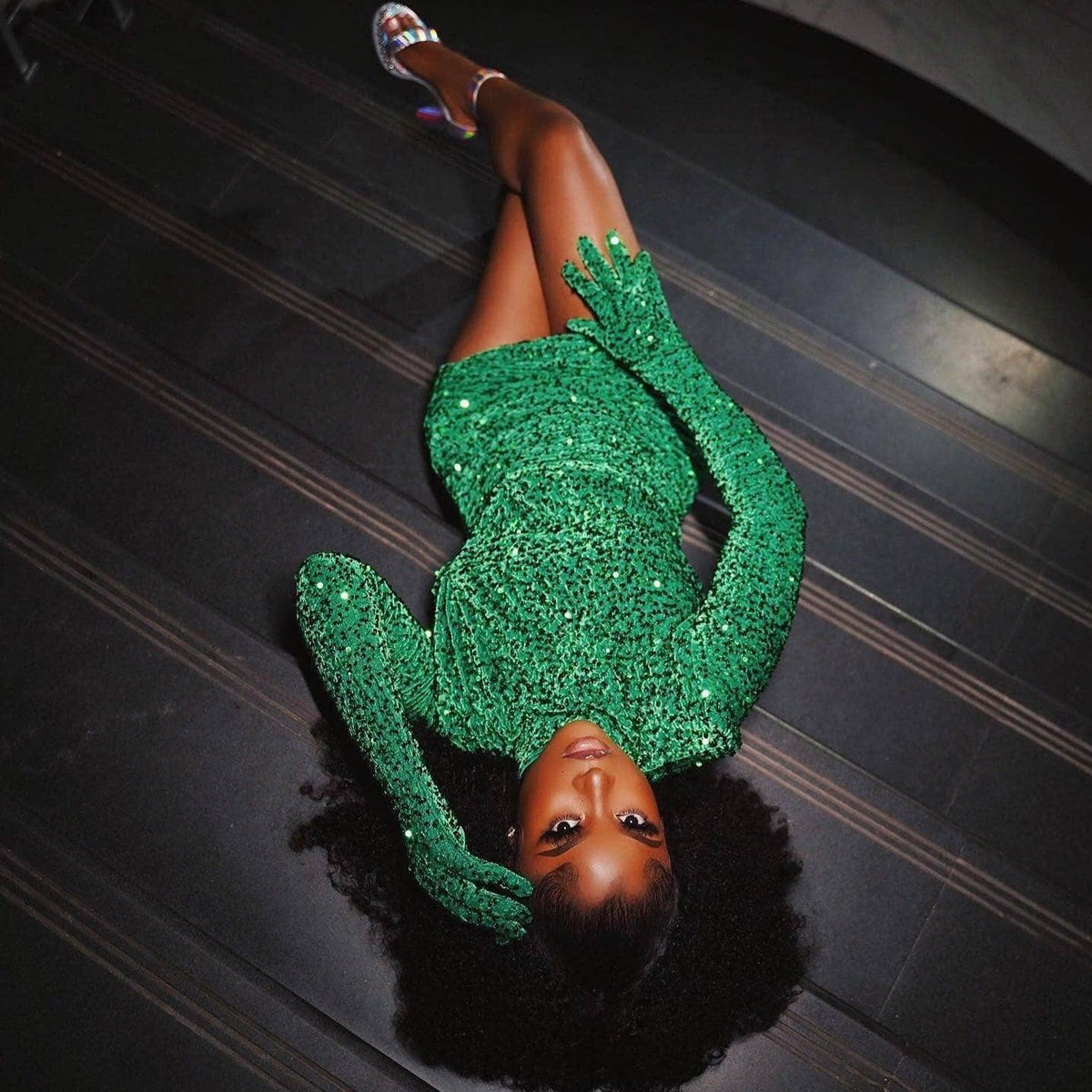Green High Neck Long Sleeve Sequin Glove Ruched Bodycon Mini Dress 5