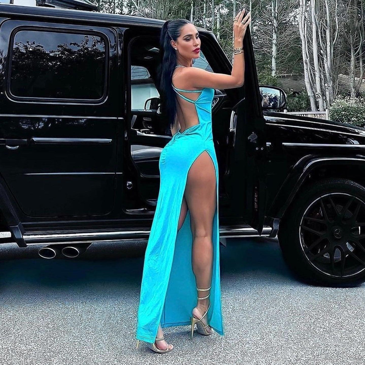 Sky Blue Halter Starfish Embellished Bustier Cutout High Slit Maxi Dress 14