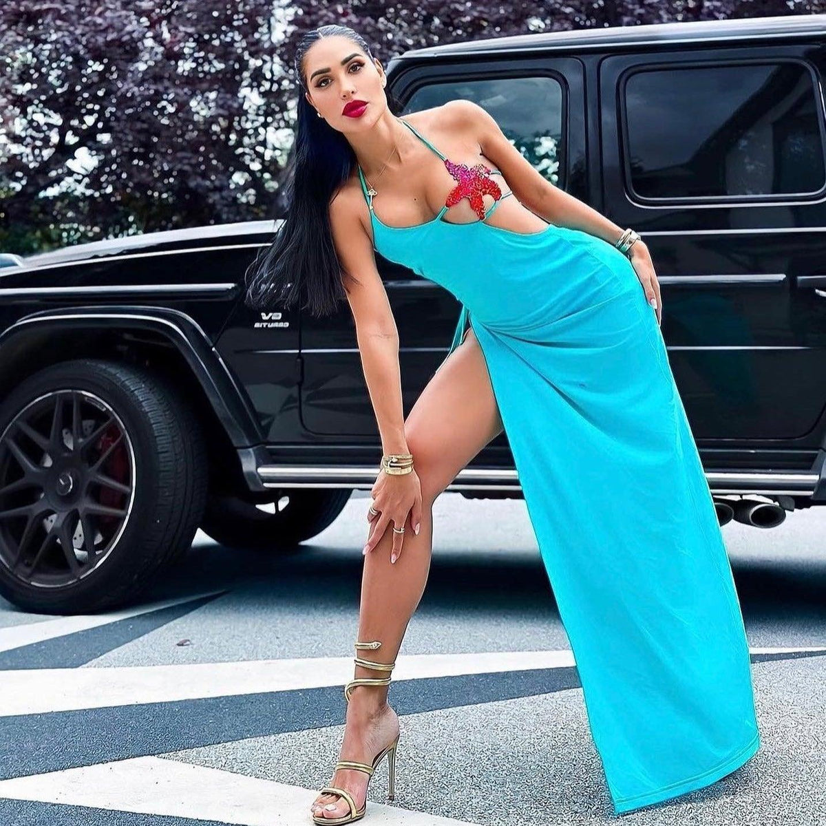 Sky Blue Halter Starfish Embellished Bustier Cutout High Slit Maxi Dress 13