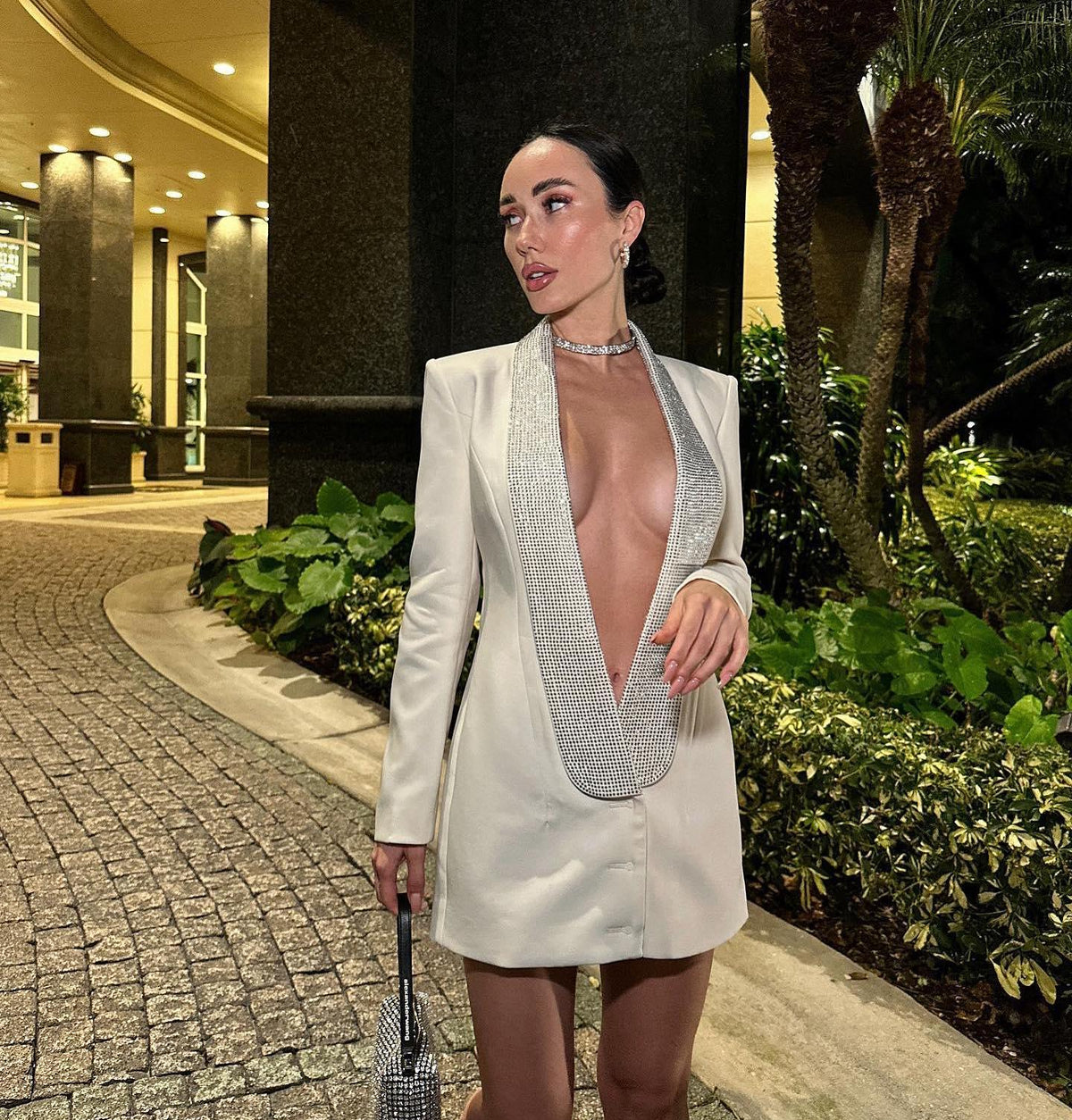 Beige Plunge Neck Crystal Lapel Long Sleeve Blazer Mini Dress