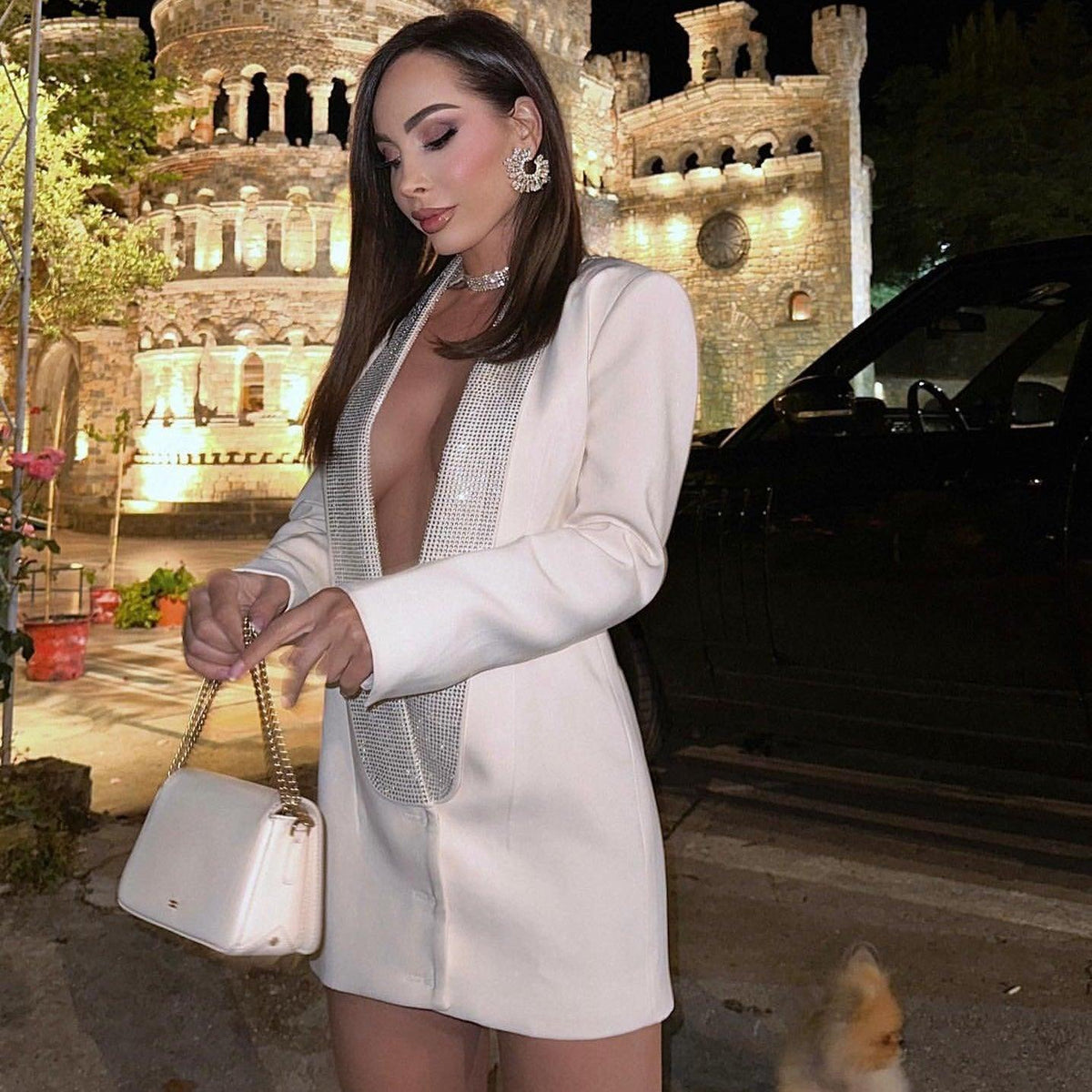 Beige Plunge Neck Crystal Lapel Long Sleeve Blazer Mini Dress