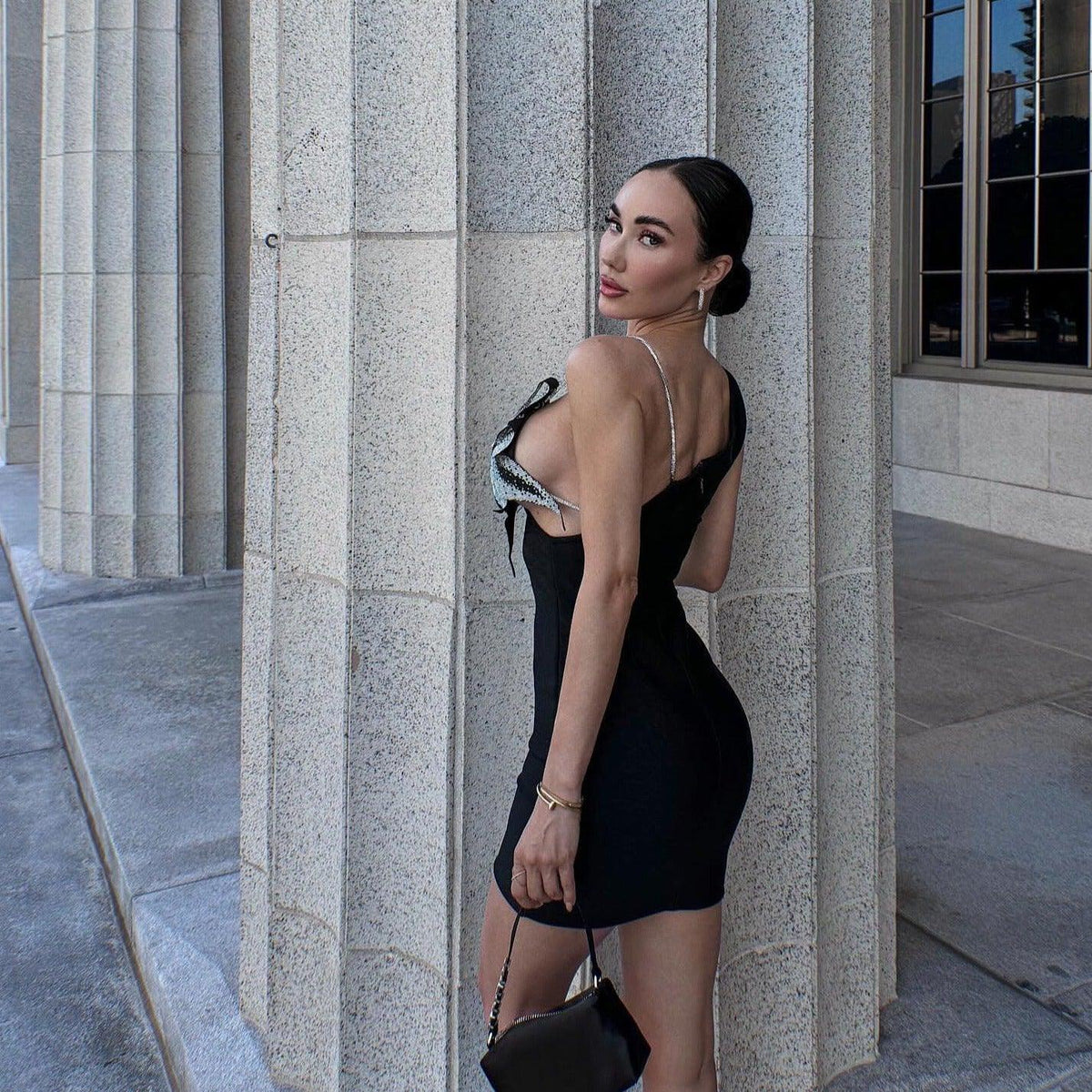 Black One-Shoulder Plunge Crystal Floral Applique Bodycon Mini Dress