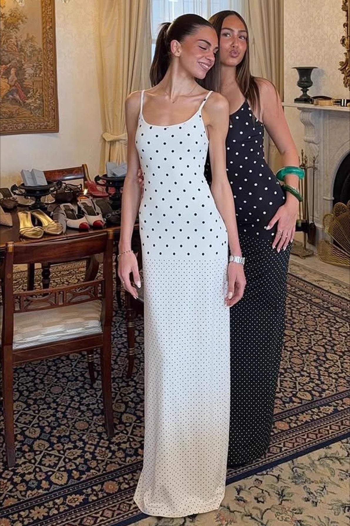 Retro Polka Dot Long Body Hugging Slip Dress