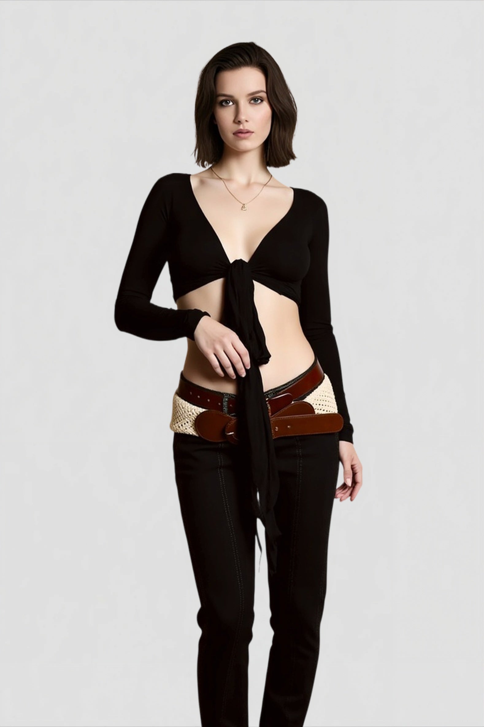 Wrap tie v neck  long sleeve cropped crop top
