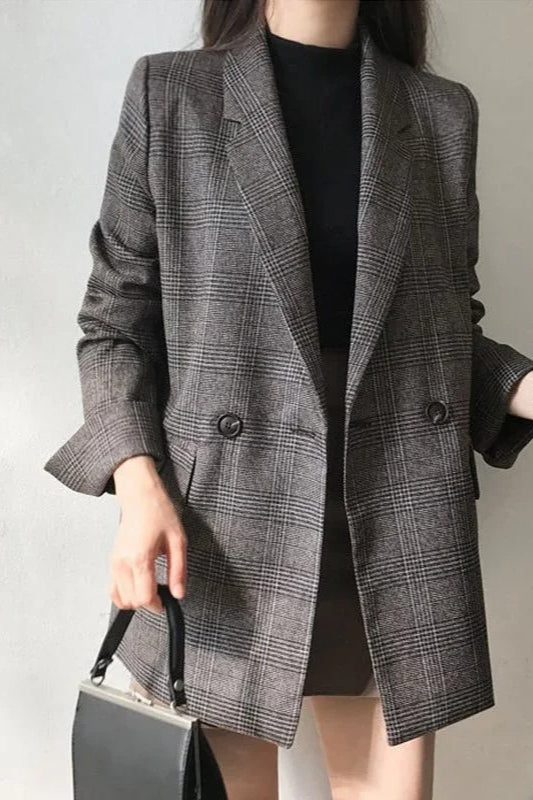 Plaid DoubleBreasted Long Blazer