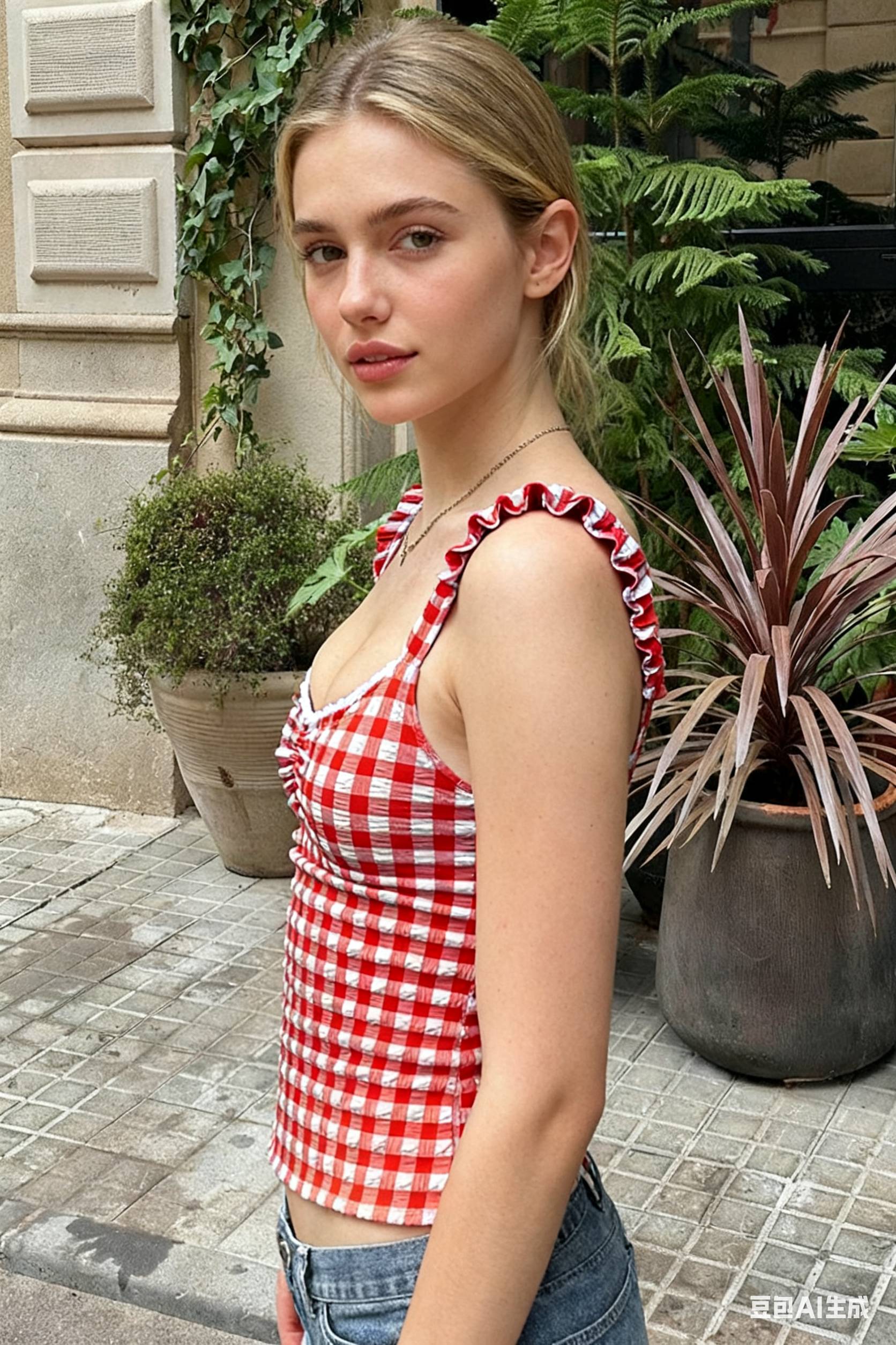 Plaid Lowcut Lace Backless Strap Tank Crop Top