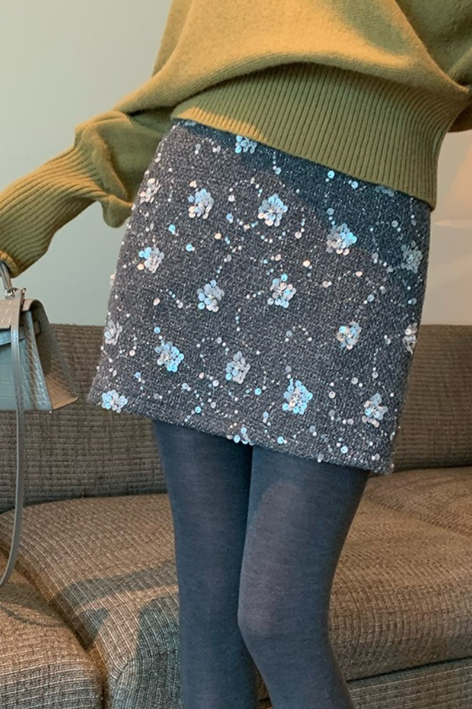 Embroidered Sequin High Waist ALine Skirt