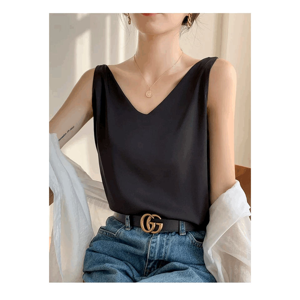 Black V-Neck Vest Bottomed Top Pure Cotton