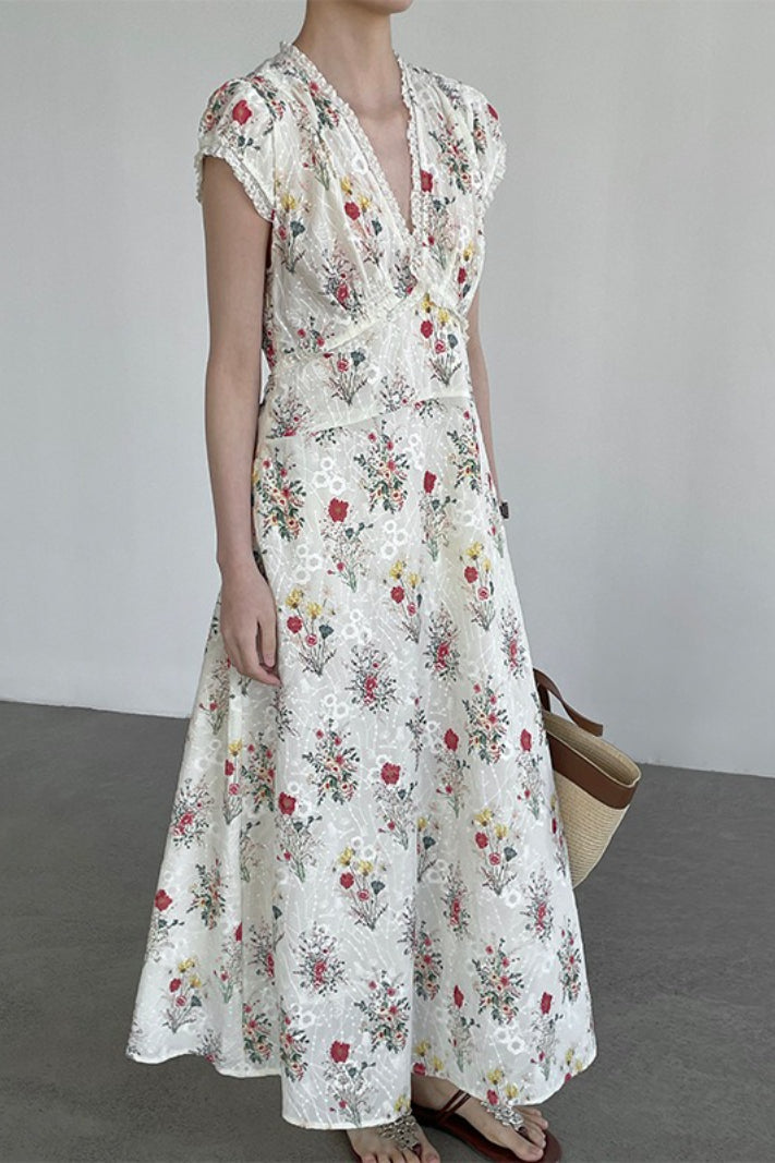Elegant V Neck Embroidery Waist Long Floral Dress