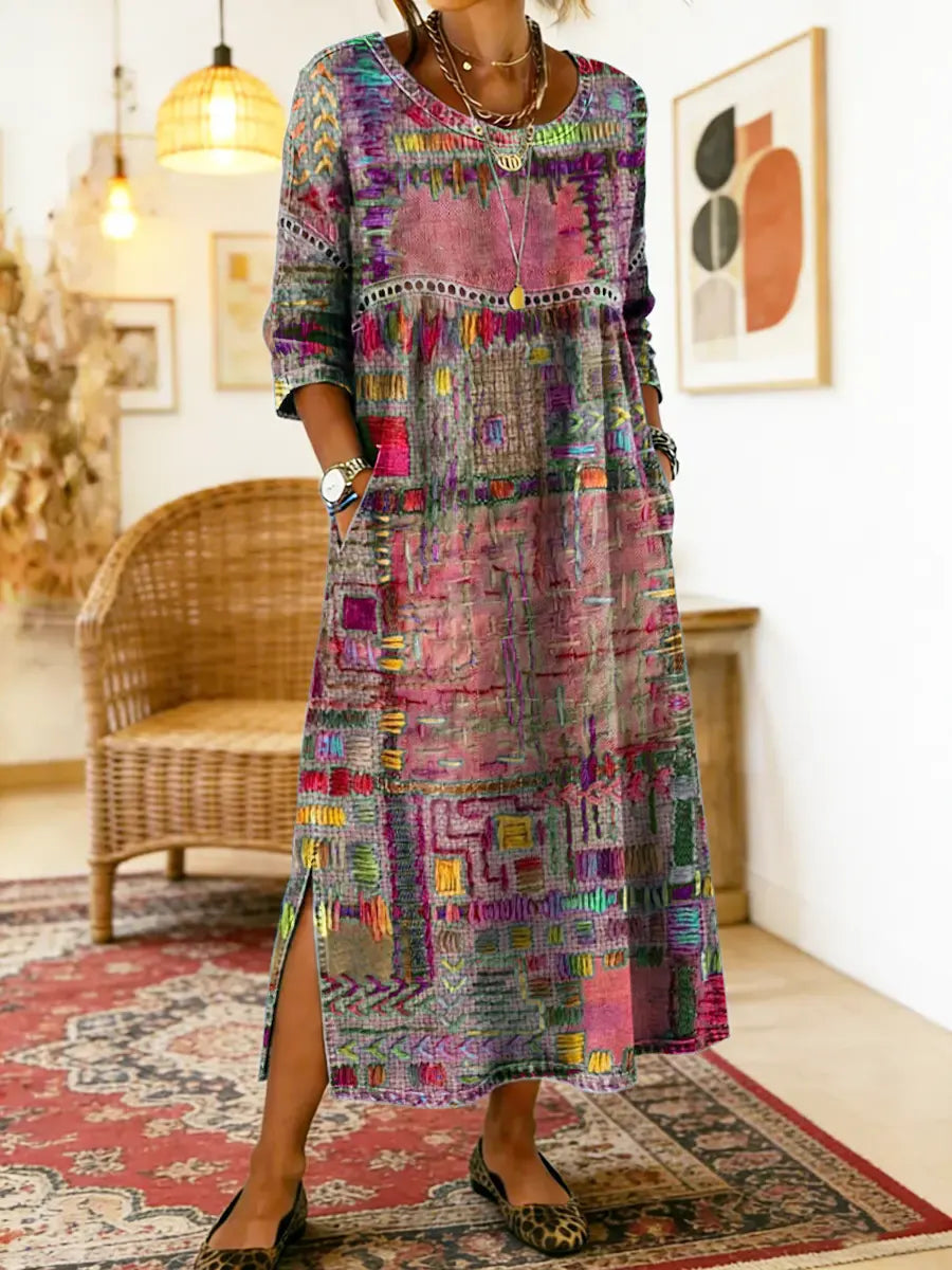 Round Neck Abstract Patchwork Print Long Sleeve Side Slit Maxi Dress