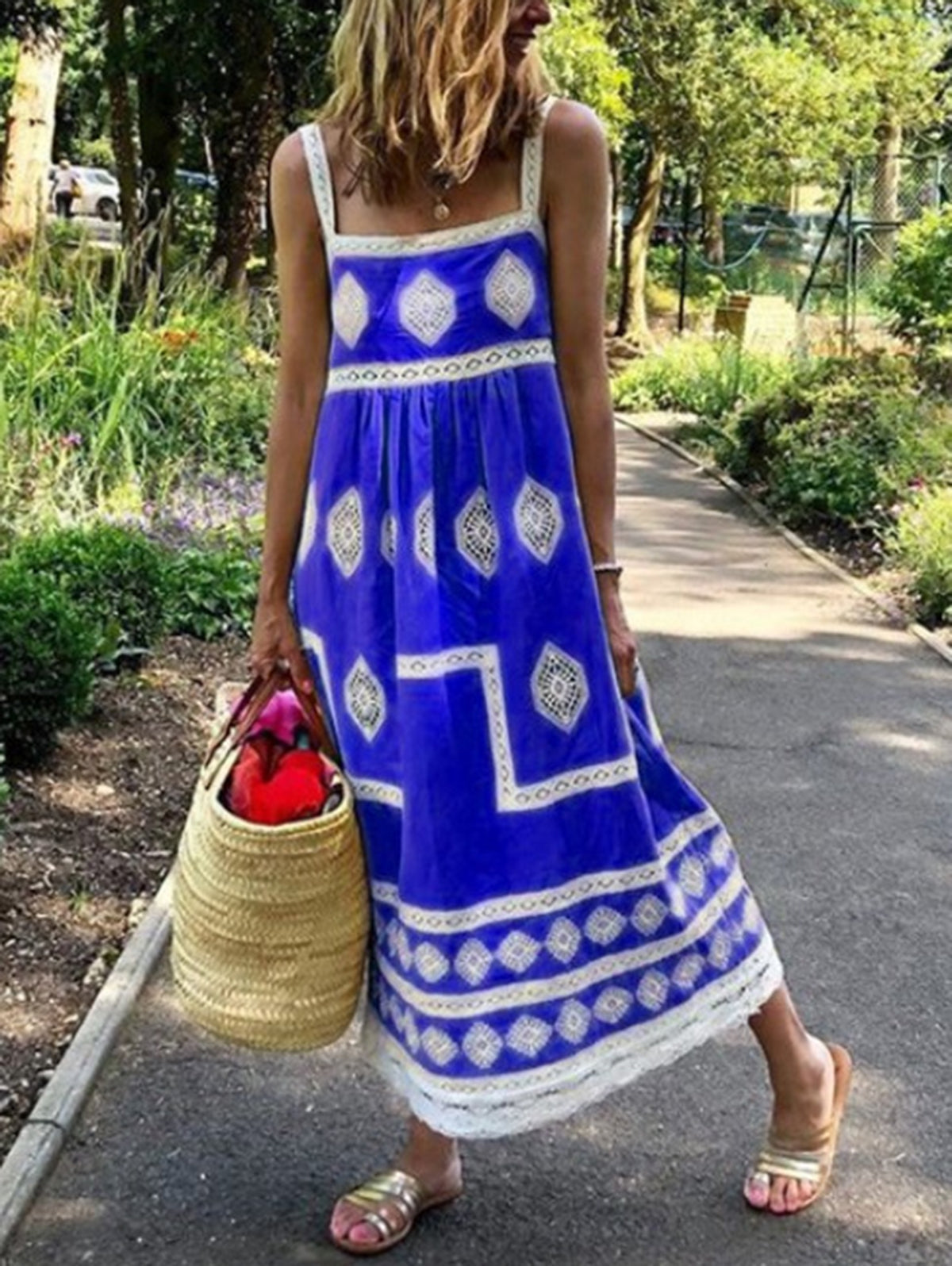 Rose Red Square Neck Boho Print Tank Maxi Dress