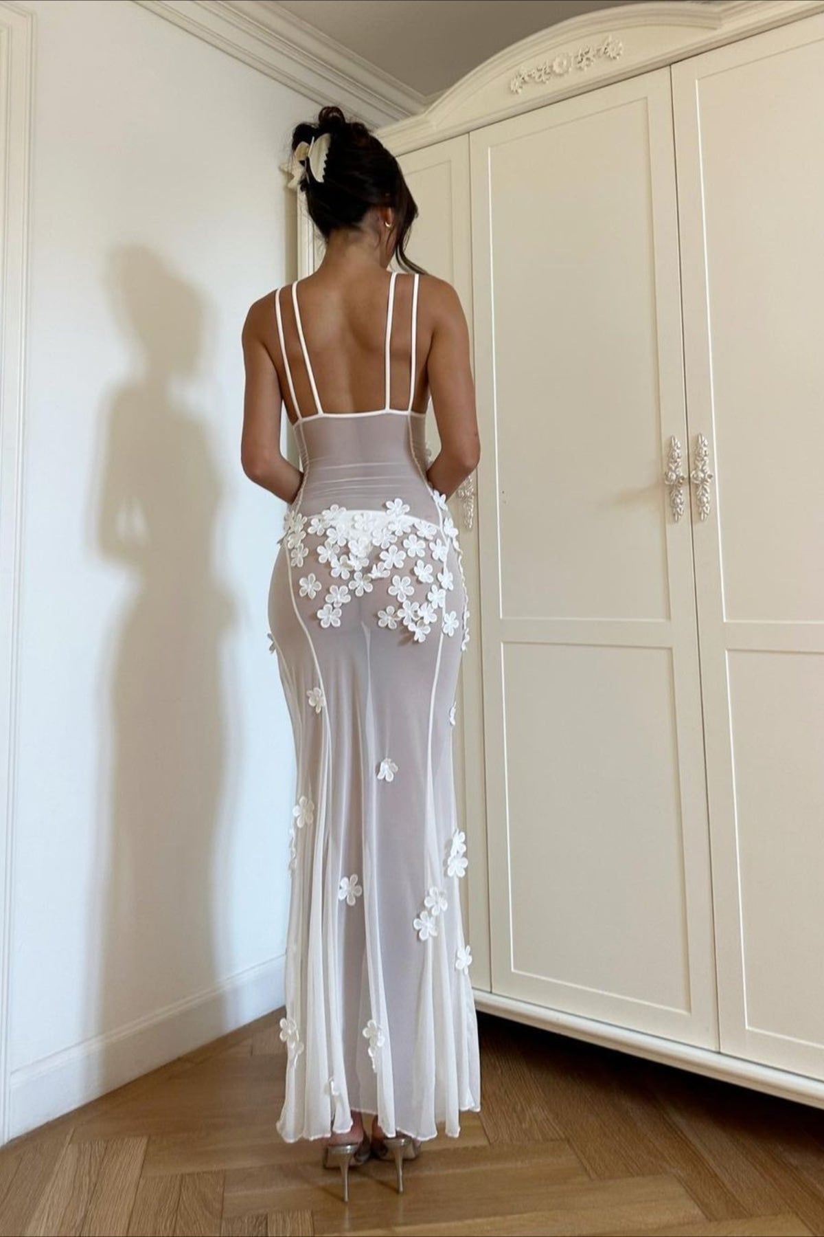 Deep V Mesh Backless 3D Floral Slip Dress
