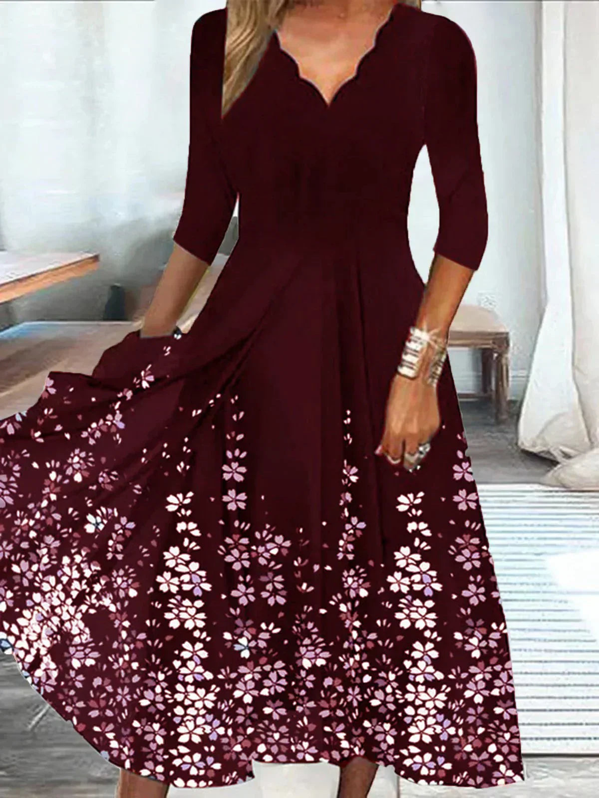 Sabrina Aesthetic Floral V Neck Midi Dress Chic Silhouette Collection