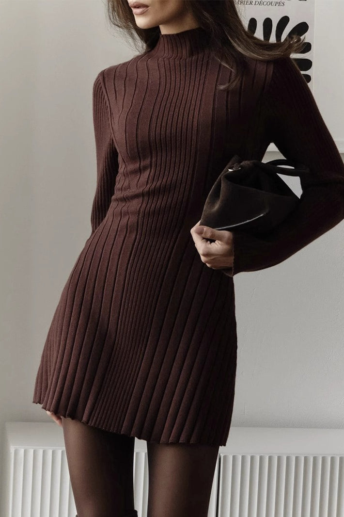 Elegant Playful Mock Neck Long Sleeve ALine Mini Knit Sweater Dress