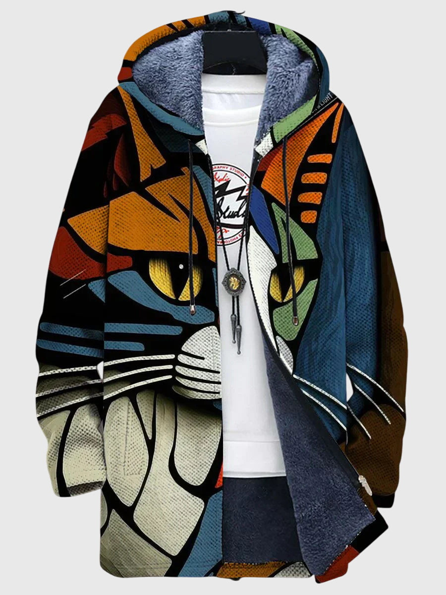 Hooded Abstract Cat Print Zip Front Fleece Jacket