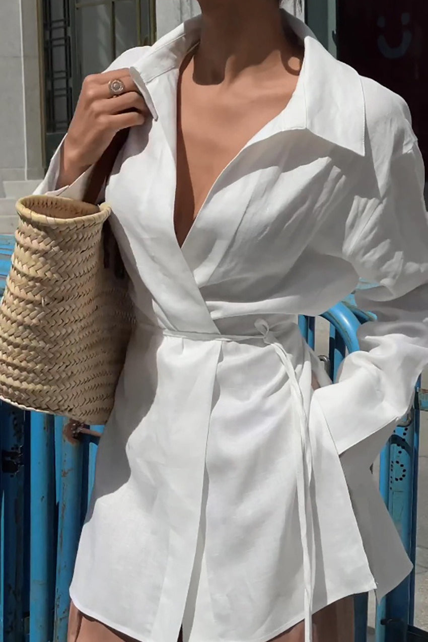 Cotton Linen Tie Long Sleeve Blouse