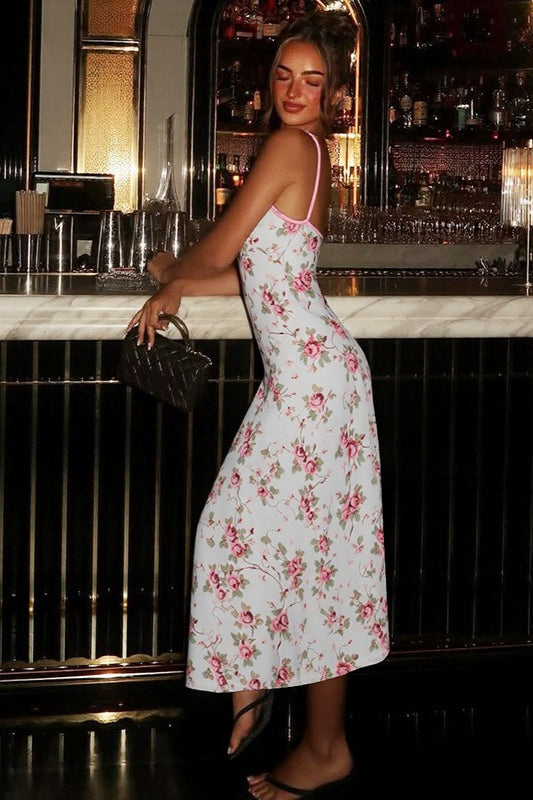 Pink Spaghetti Strap Deep V Lace Cup Floral Print Bodycon Maxi Dress 4