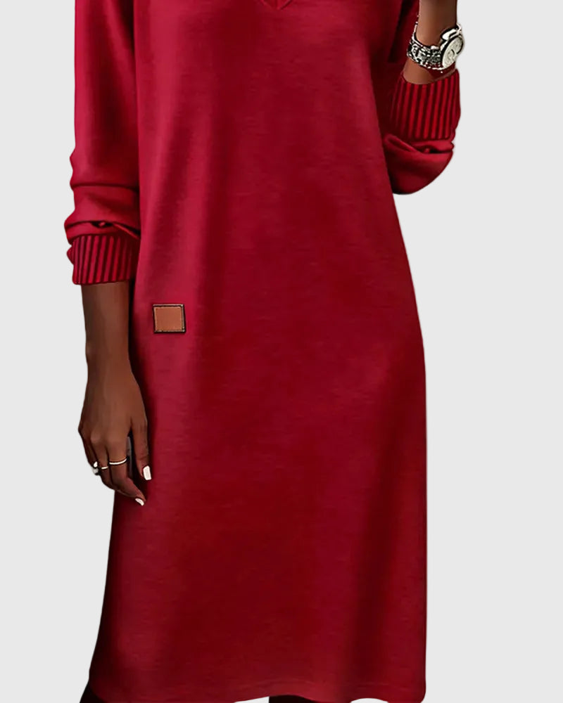 V-Neck Long Sleeve Ribbed Cuff Sweatshirt Shift Mini Dress