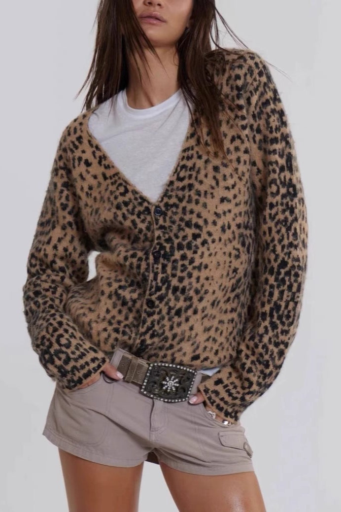 Leopard Print V Neck Knit Sweater