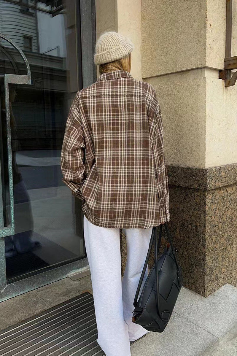 Vintage American Plaid Double-Pocket Mid-Length Blouse