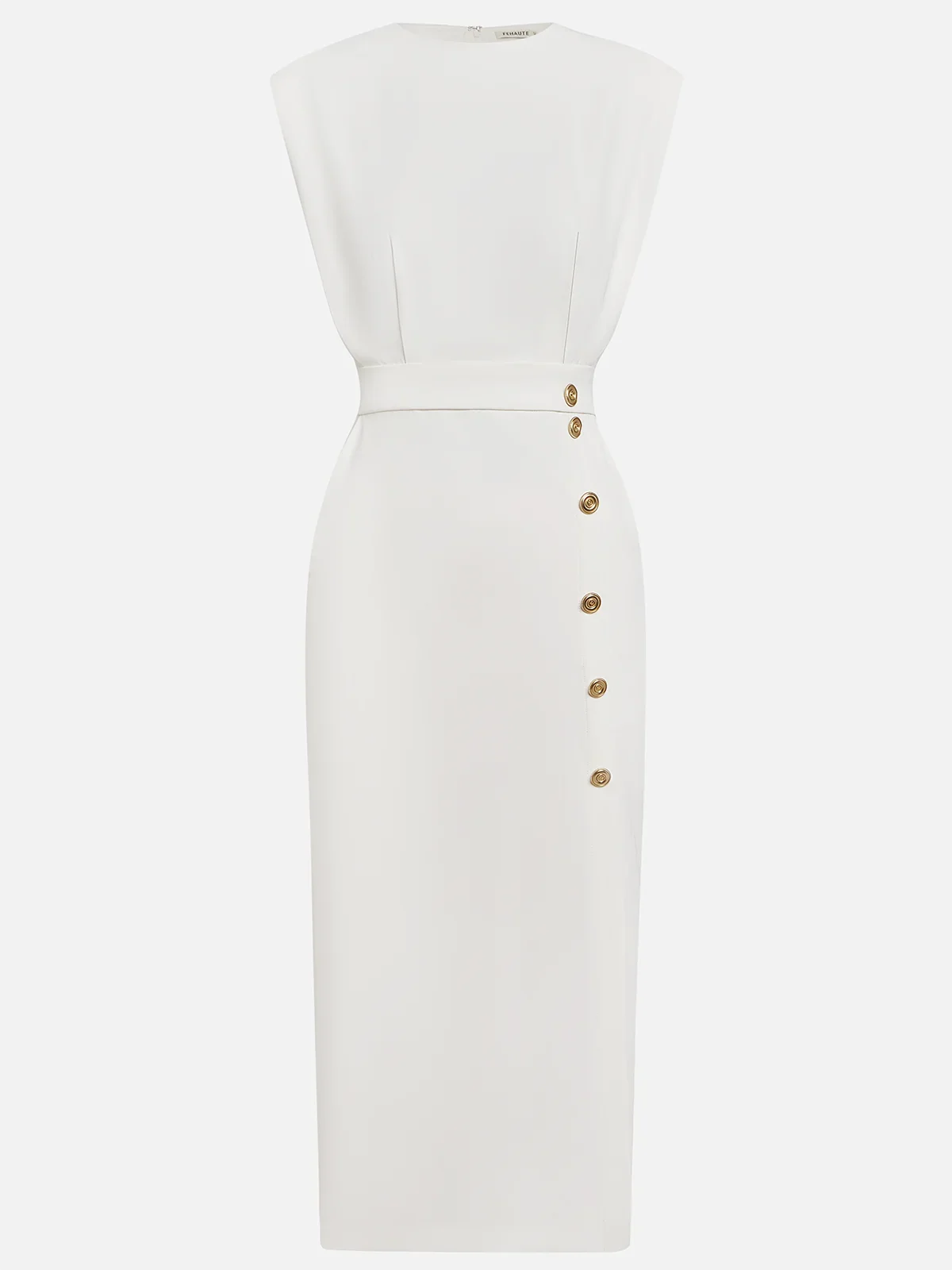 Round Neck Sleeveless Button Slit Sheath Midi Dress