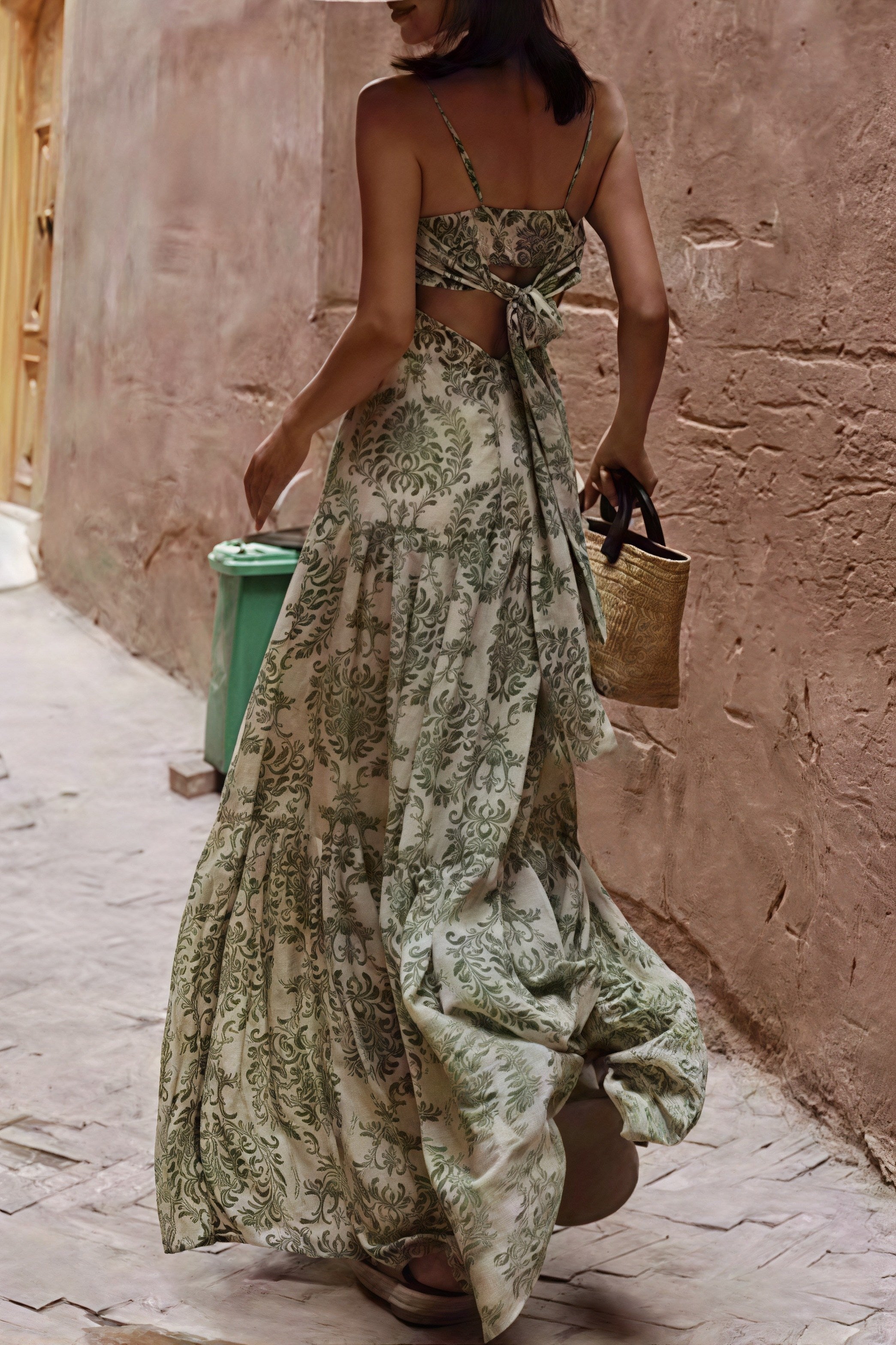 Green Spaghetti Strap Square Neck Ruched Damask Print Tiered Maxi Dress 6