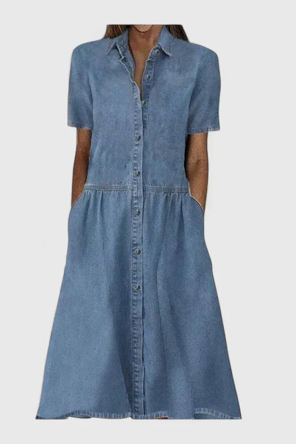 Blue Collared Button Front Short Sleeve Denim A-Line Midi Shirt Dress