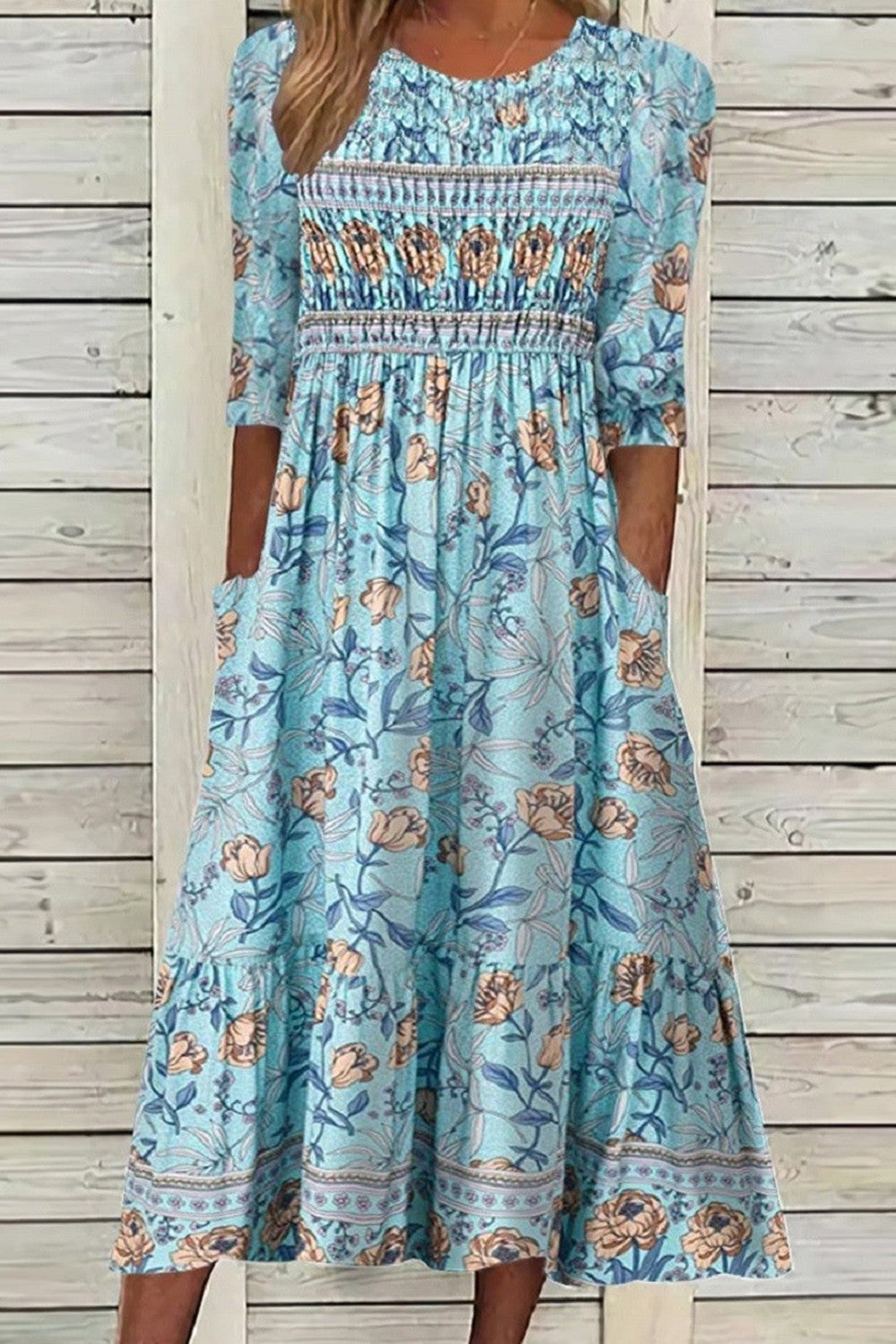 Blue Round Neck Floral Print Smocked Tiered Boho Midi Dress