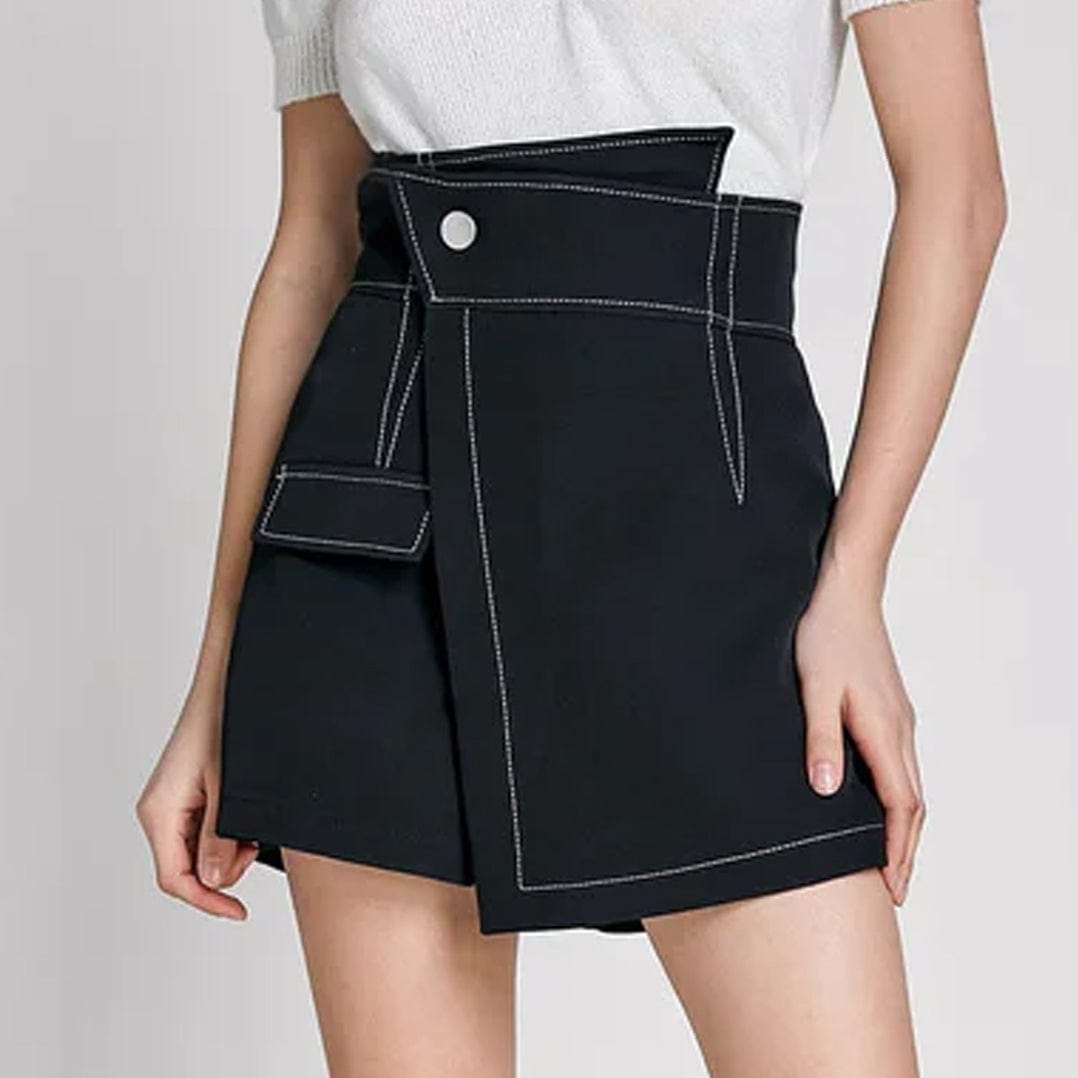 Black Stitching Detail Faux-Wrap Shorts
