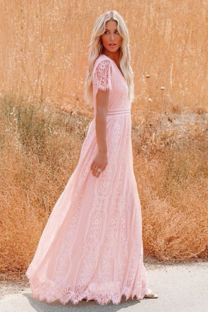 Deep V Neck Lace Cap Sleeve Empire Waist Scalloped Hem Maxi Dress 11