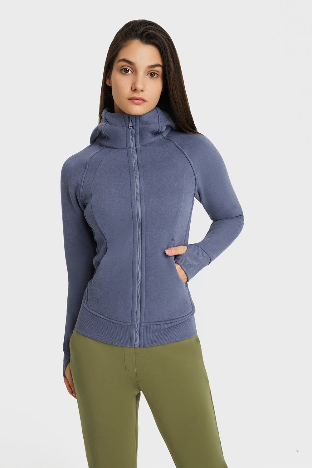 Zip Up Hooded Long Sleeve Thumbhole Fitted Sports Jacket