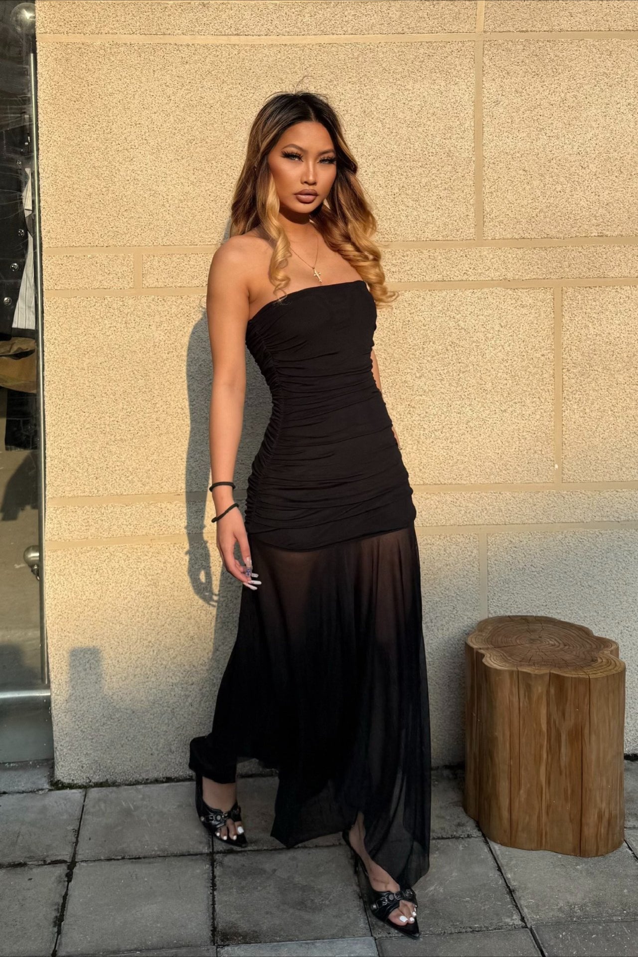 Solid Strapless Mesh Panel Party Dress
