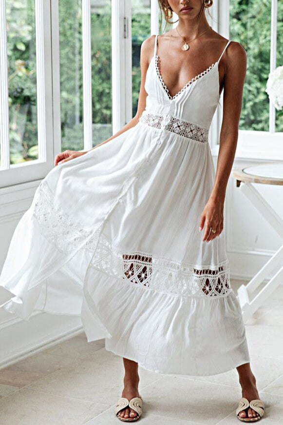 White Deep V Neck Crochet Lace Insert Button Front Ruffle Hem Midi Dress 4