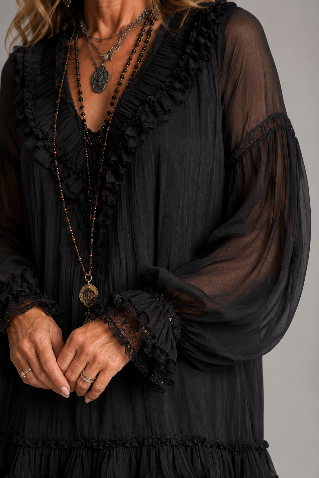 V-Neck Ruffle Trim Sheer Chiffon Bishop Sleeve Tiered Ruffle Mini Dress