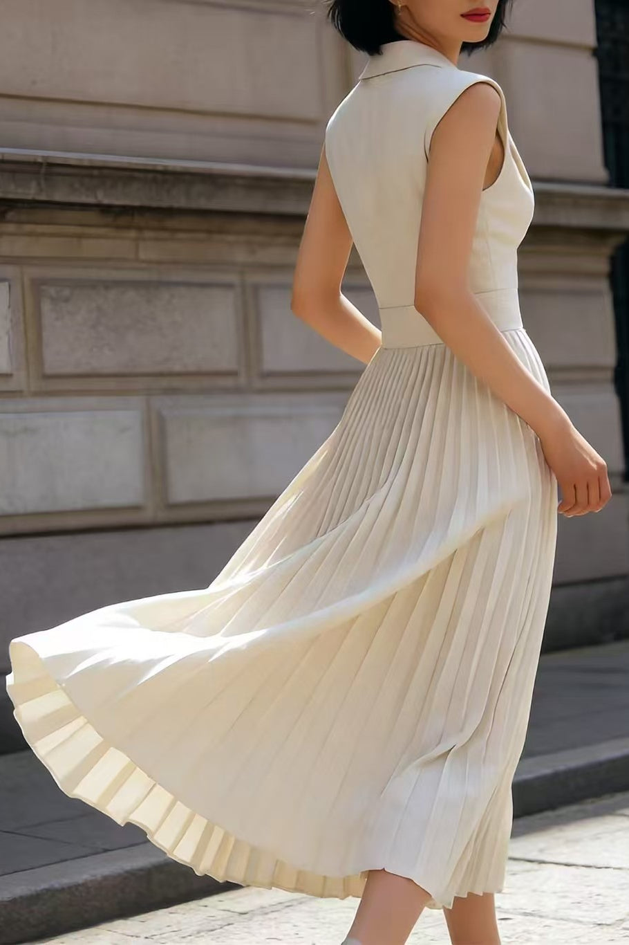 Ruched Ice Silk Lapel High Waist Work Dress