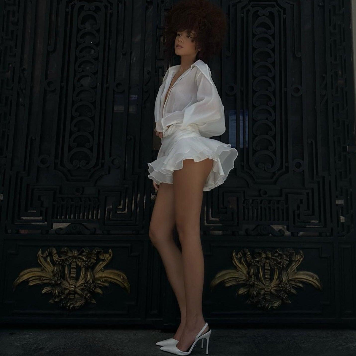 White Collared Deep V-Neck Long Sleeve Belted Ruffle Shirt Mini Dress 8