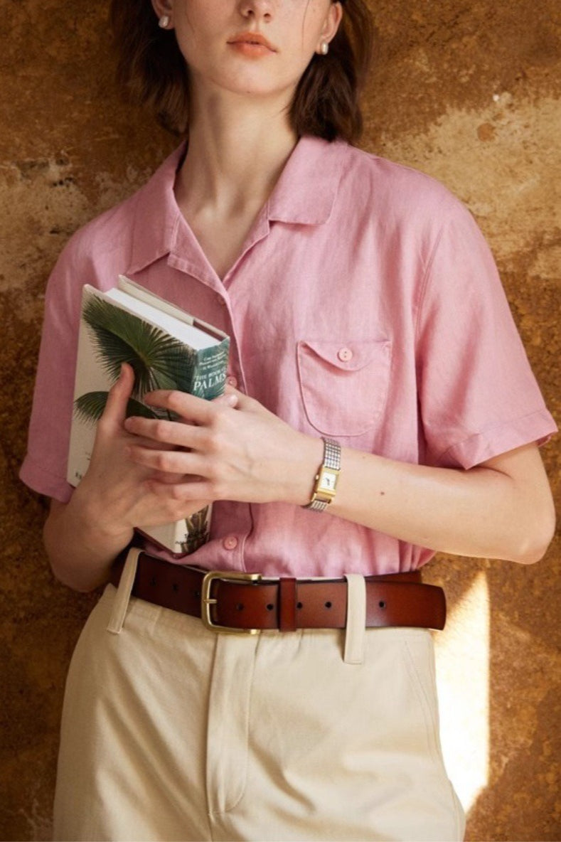 Linen Camp Collar Short Sleeve Blouse
