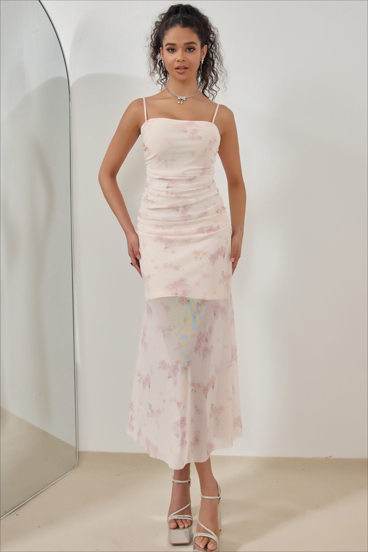 Pink Spaghetti Strap Square Neck Ruched Mesh Sheer Overlay Watercolor Floral Midi Dress 6