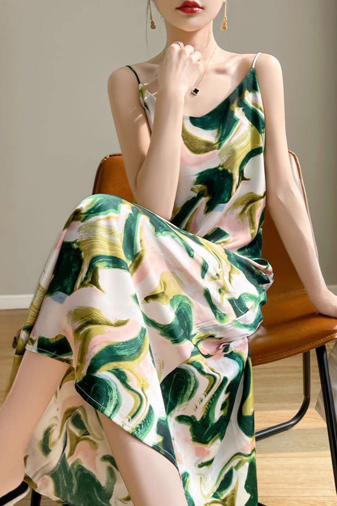 Printed VNeck Satin Cami Maxi Silk Dress