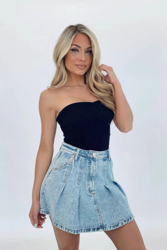 High Waist Denim Pleated ALine Skirt