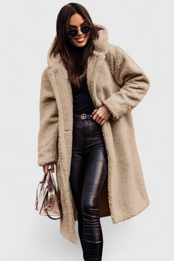 Hooded Lapel Teddy Fleece Longline Open Front Coat