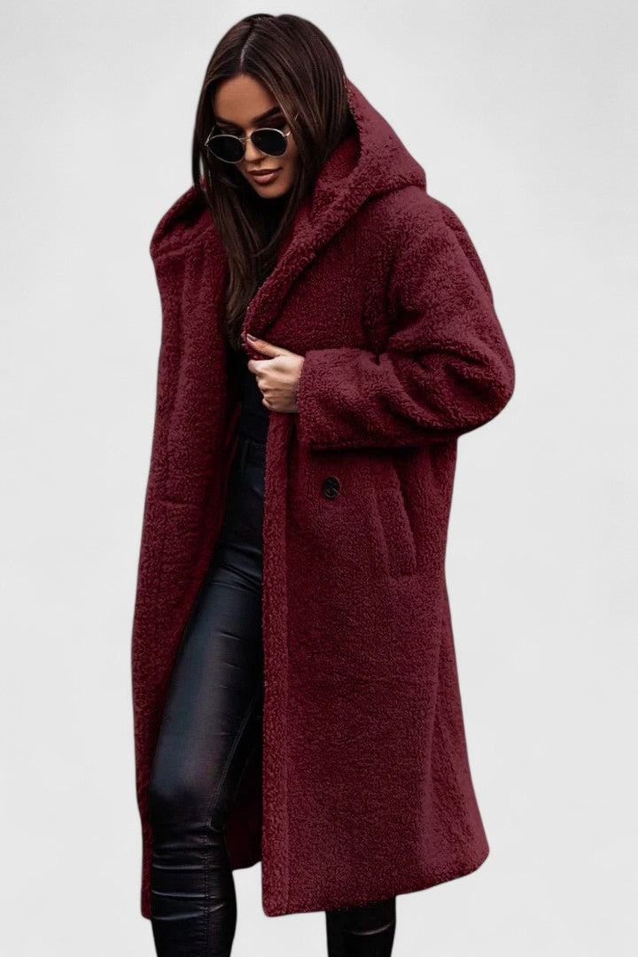 Hooded Lapel Teddy Fleece Longline Open Front Coat