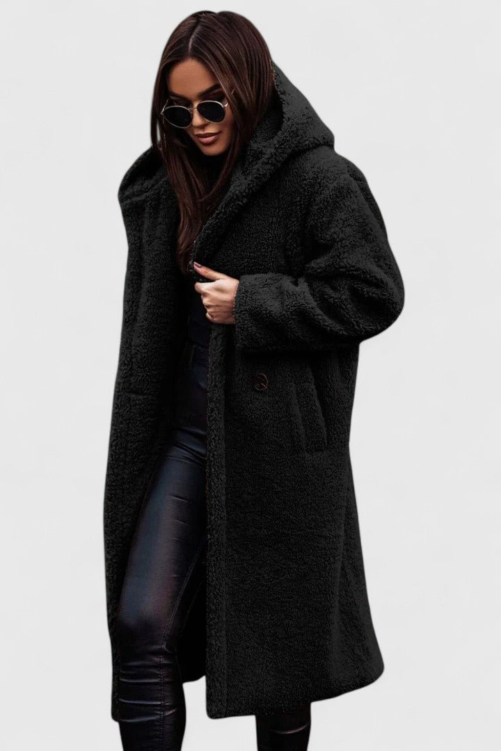 Hooded Lapel Teddy Fleece Longline Open Front Coat