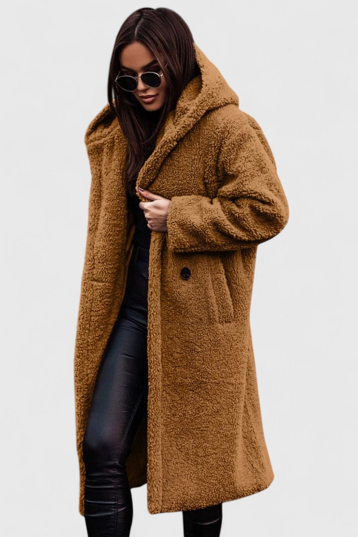 Hooded Lapel Teddy Fleece Longline Open Front Coat