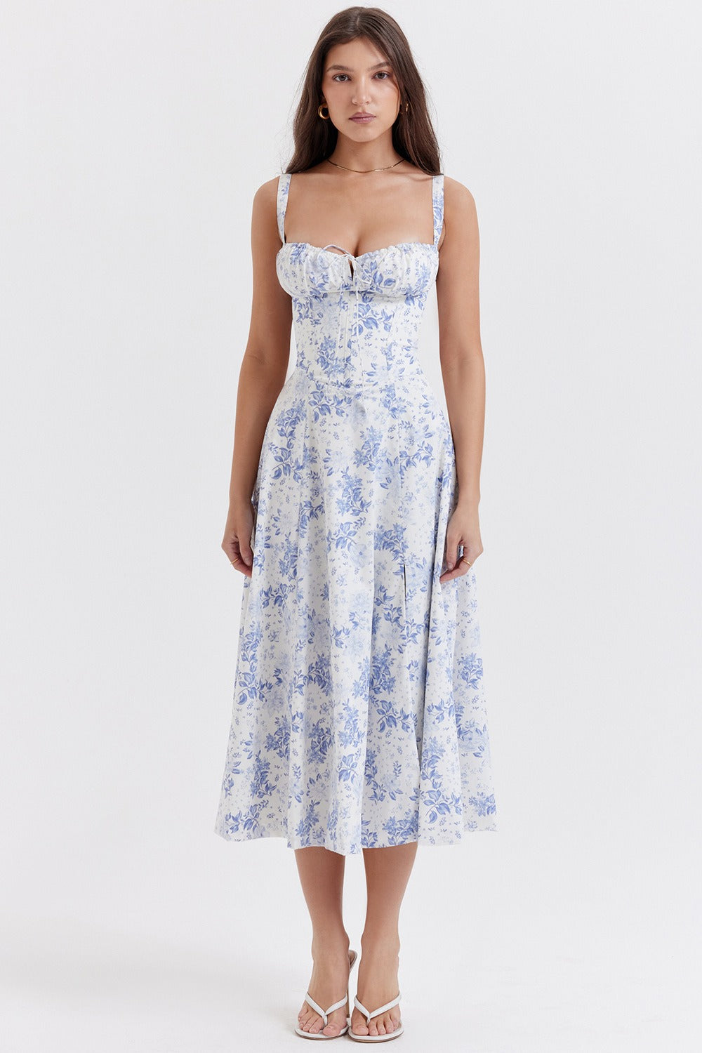 Wide Strap Sweetheart Ruched Bust Toile Floral Print A-Line Midi Dress 4