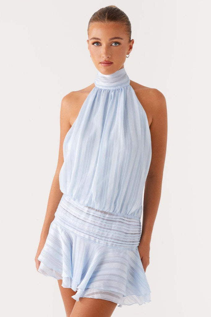 Halter Neck Pleated Collar Drop Waist Ruffle Flounce Mini Dress 10