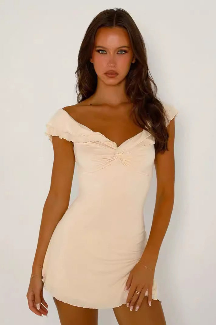 Off Shoulder Twist Ruffle Cowl Mini Slim Bodycon Dress